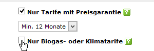 Wählen Sie ob Sie nur Biogas-Tarife möchten